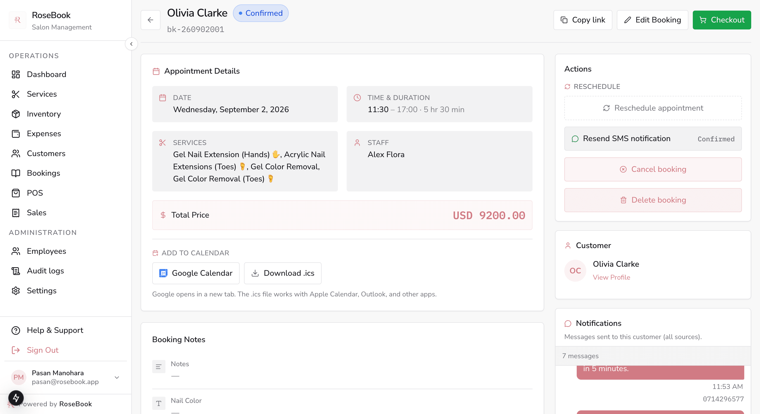 RoseBook appointment detail with services, staff, price, SMS notifications and a checkout action