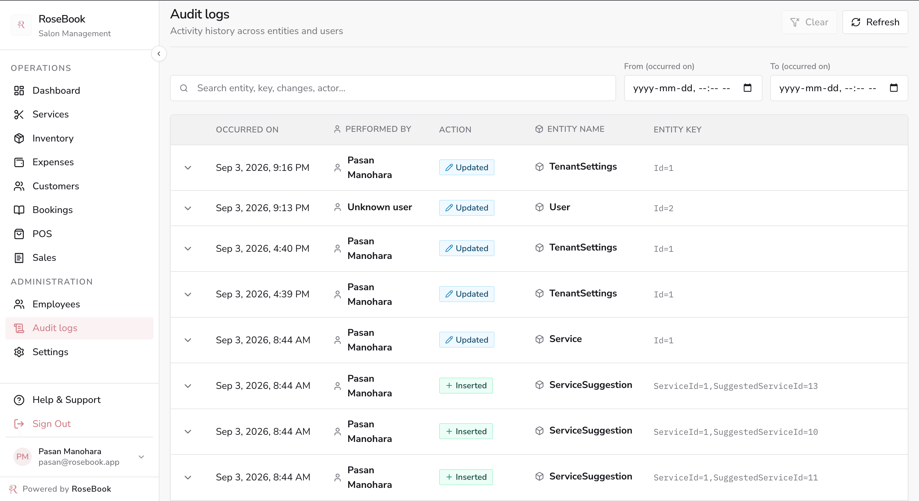 RoseBook audit logs listing inserts, updates and deletes across bookings, staff and services