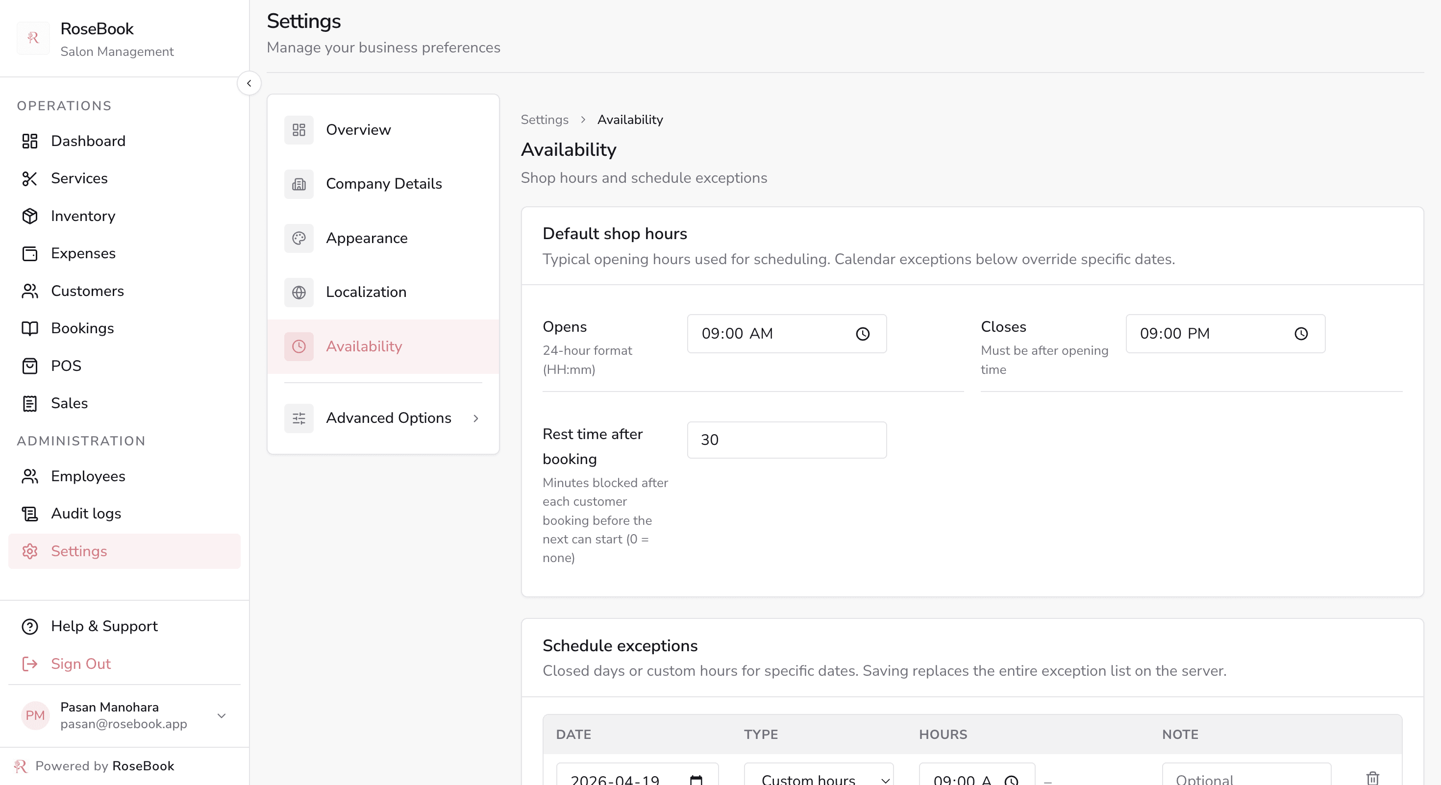 RoseBook availability settings with default shop hours and schedule exceptions for specific dates