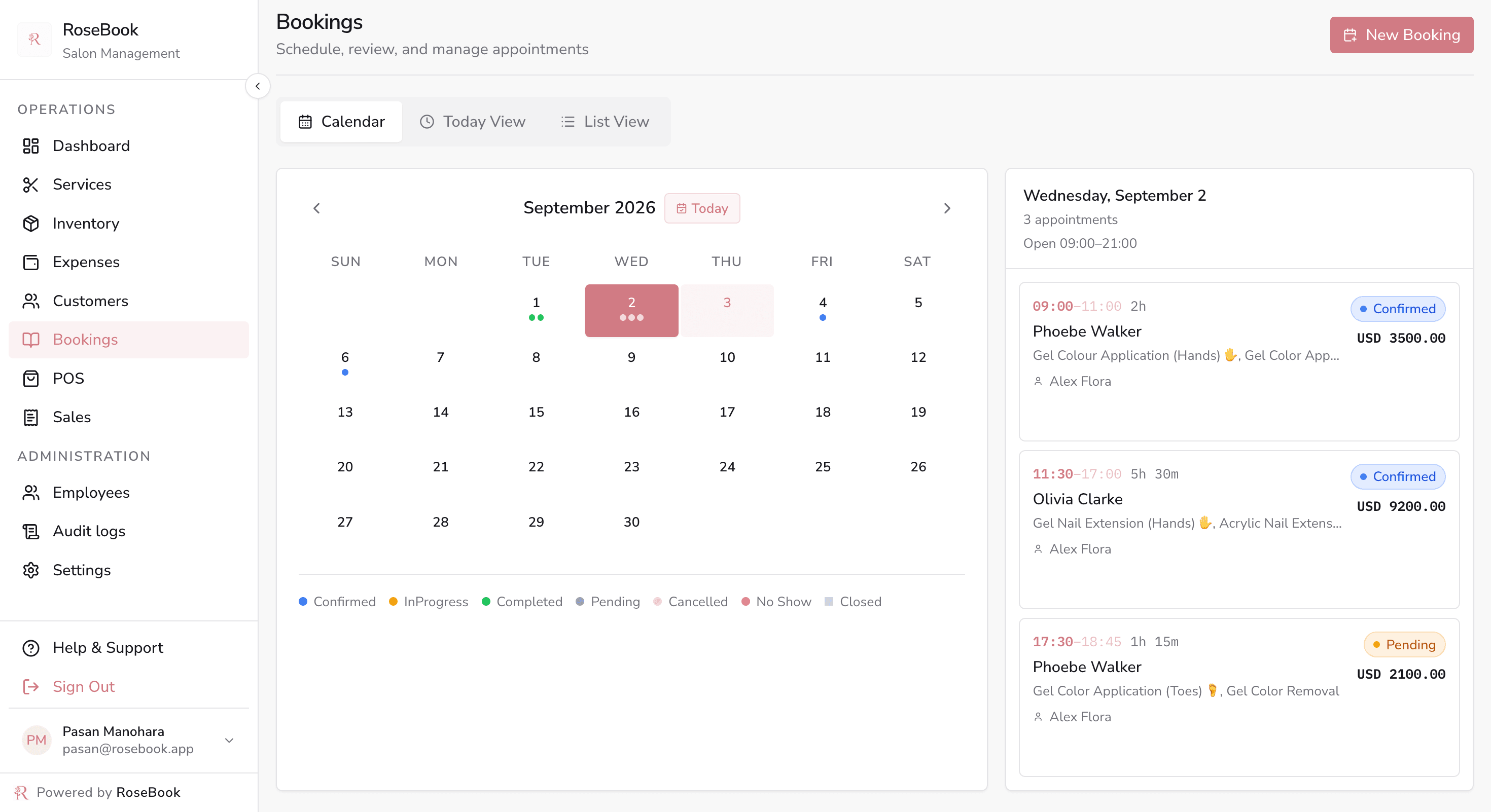 RoseBook bookings calendar for September with colour-coded appointment statuses and the selected day's appointments