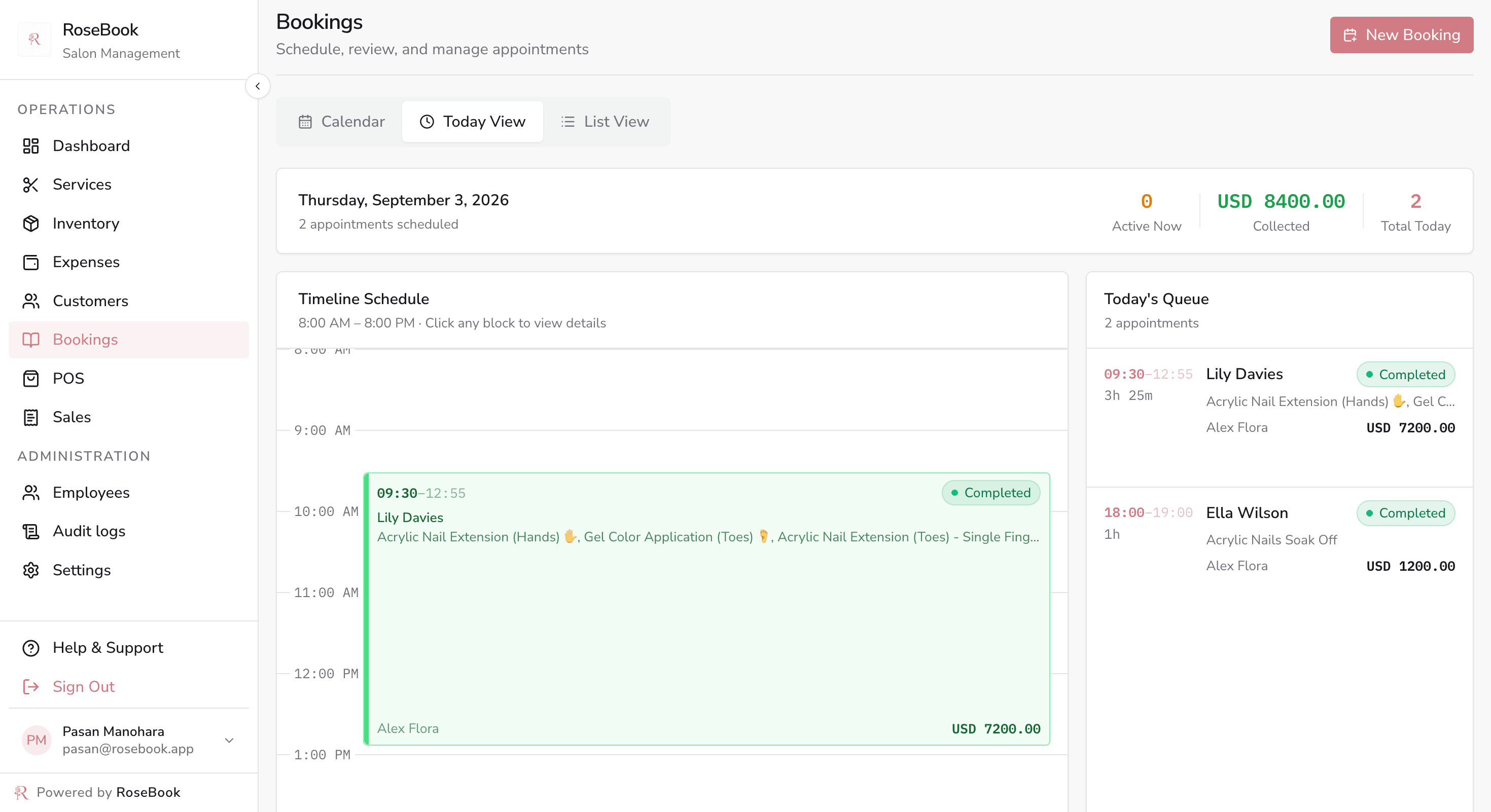 RoseBook today view showing a timed appointment schedule, live queue and collected totals for the day