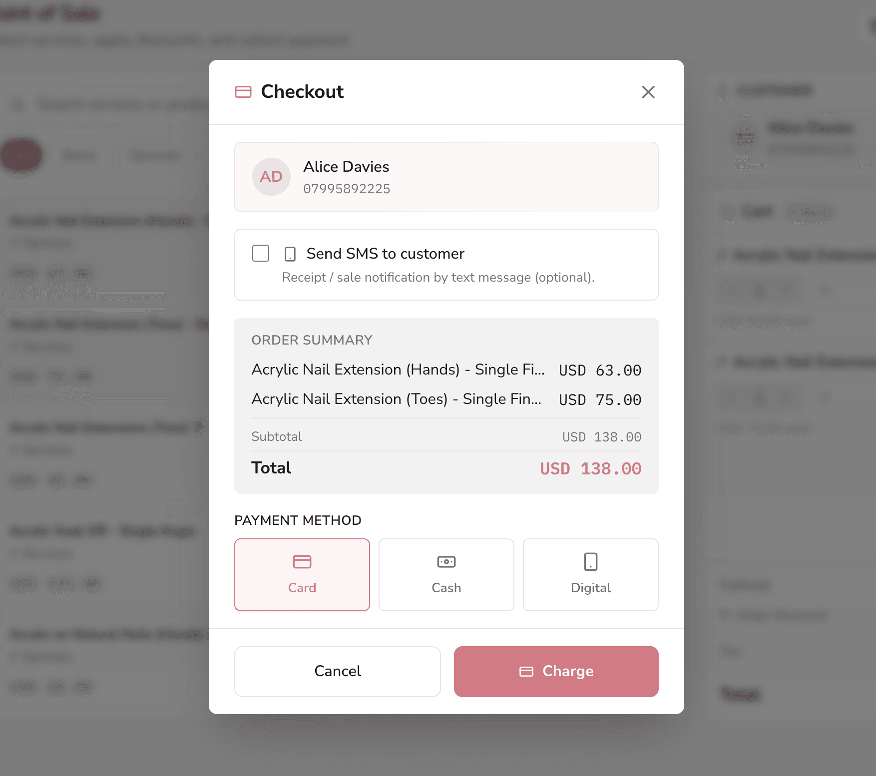 RoseBook checkout dialog with customer details, order summary, card cash or digital payment, and optional SMS receipt