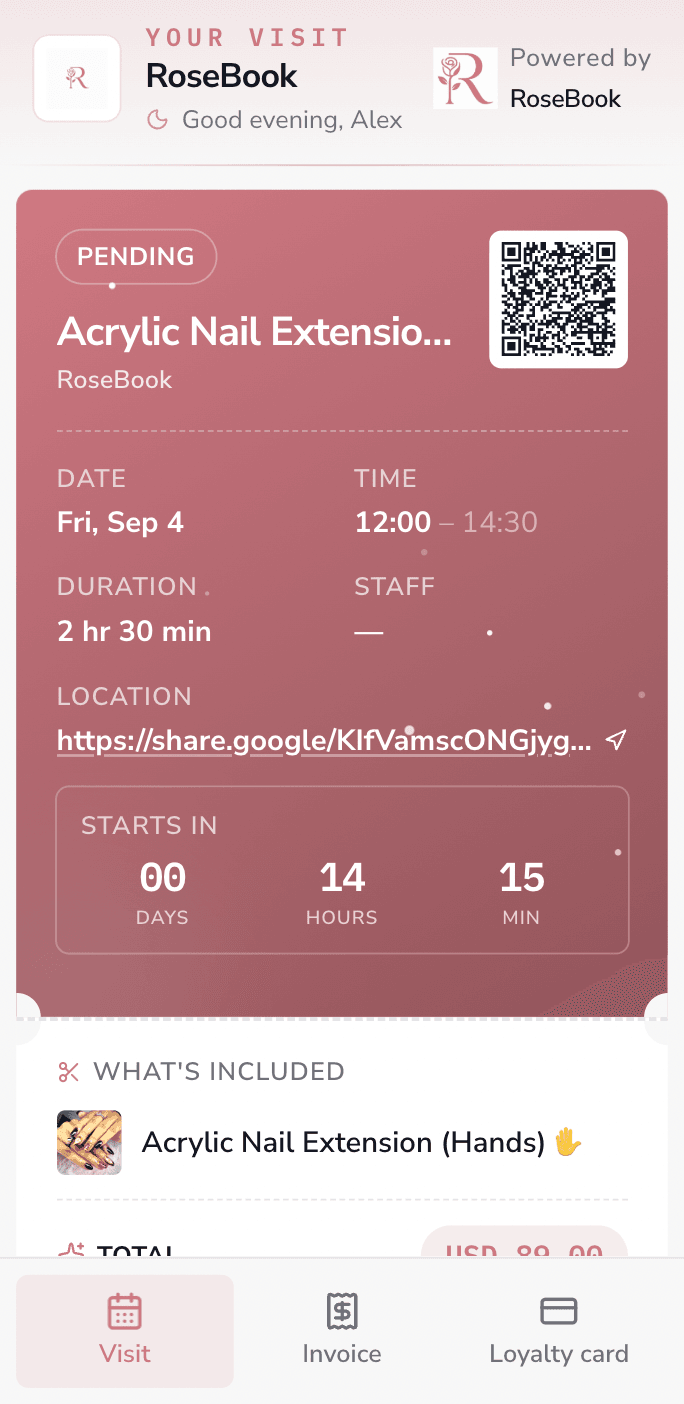 RoseBook confirmed visit pass with service, date, time, location and QR code