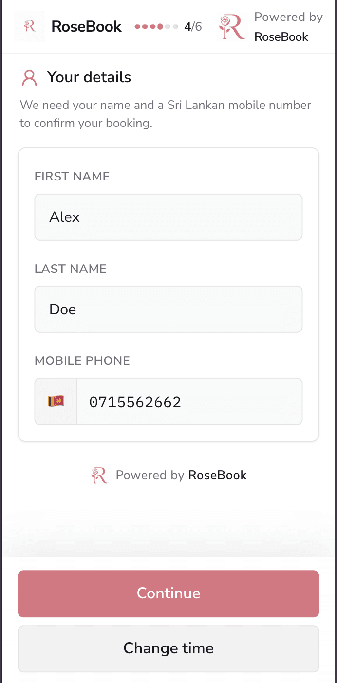 RoseBook mobile booking form for the customer name and Sri Lankan mobile number