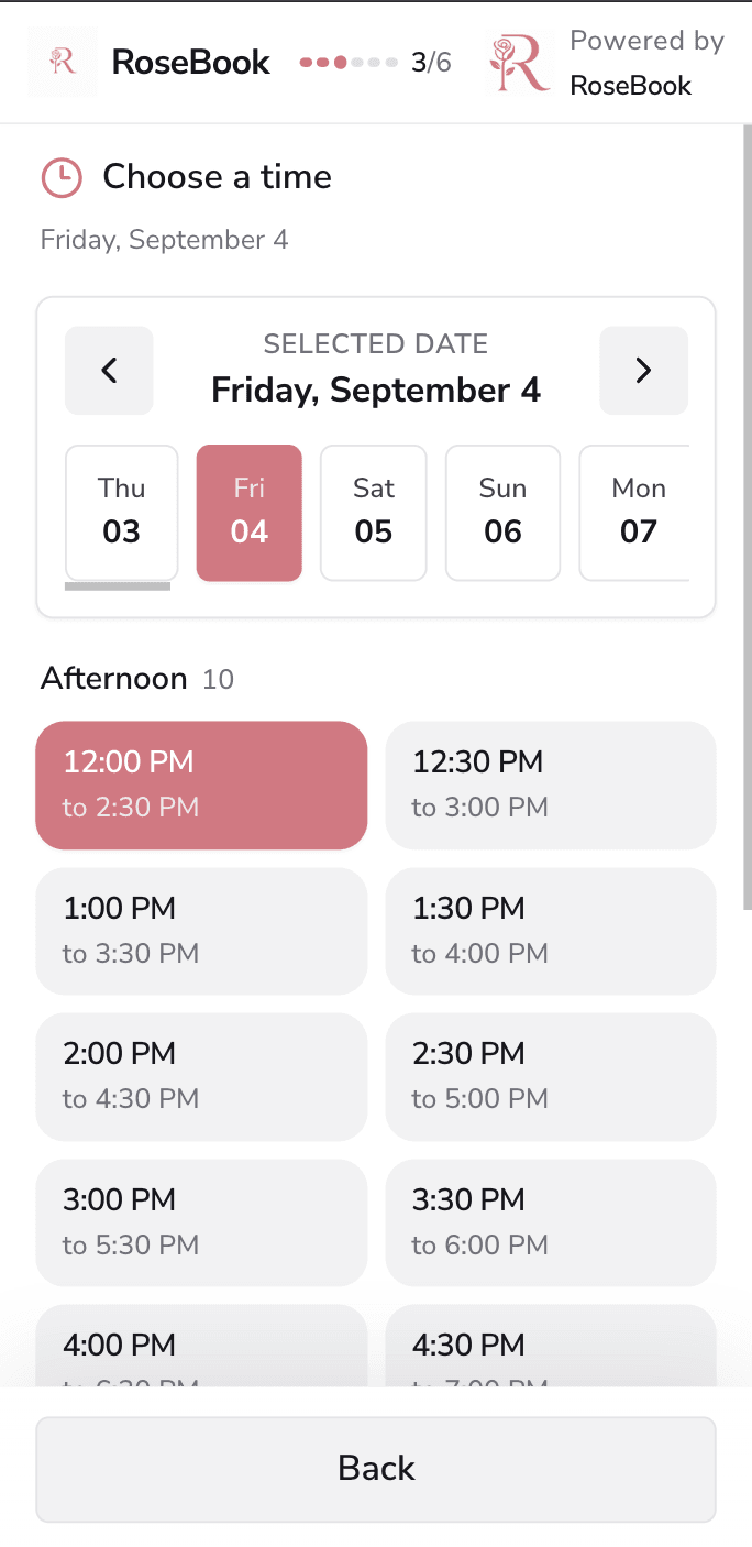 RoseBook mobile booking page showing available dates and appointment times