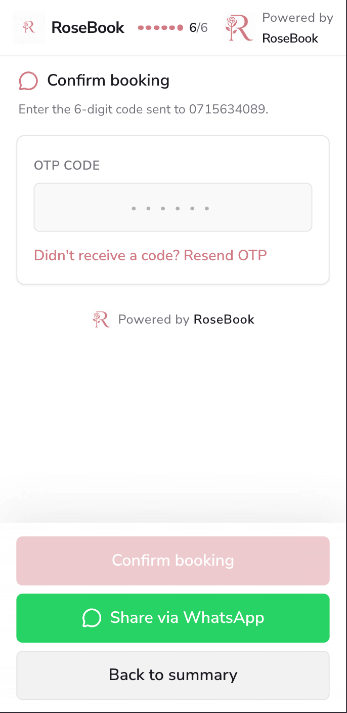 RoseBook mobile booking confirmation page requesting a six-digit SMS verification code