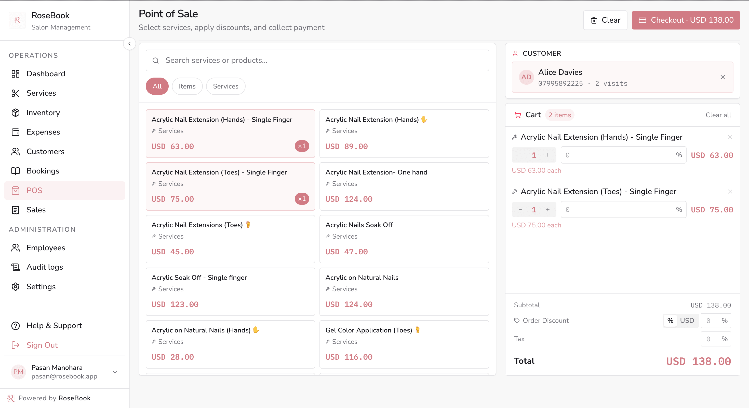 RoseBook point of sale with a searchable service grid, cart, discounts, tax and checkout total