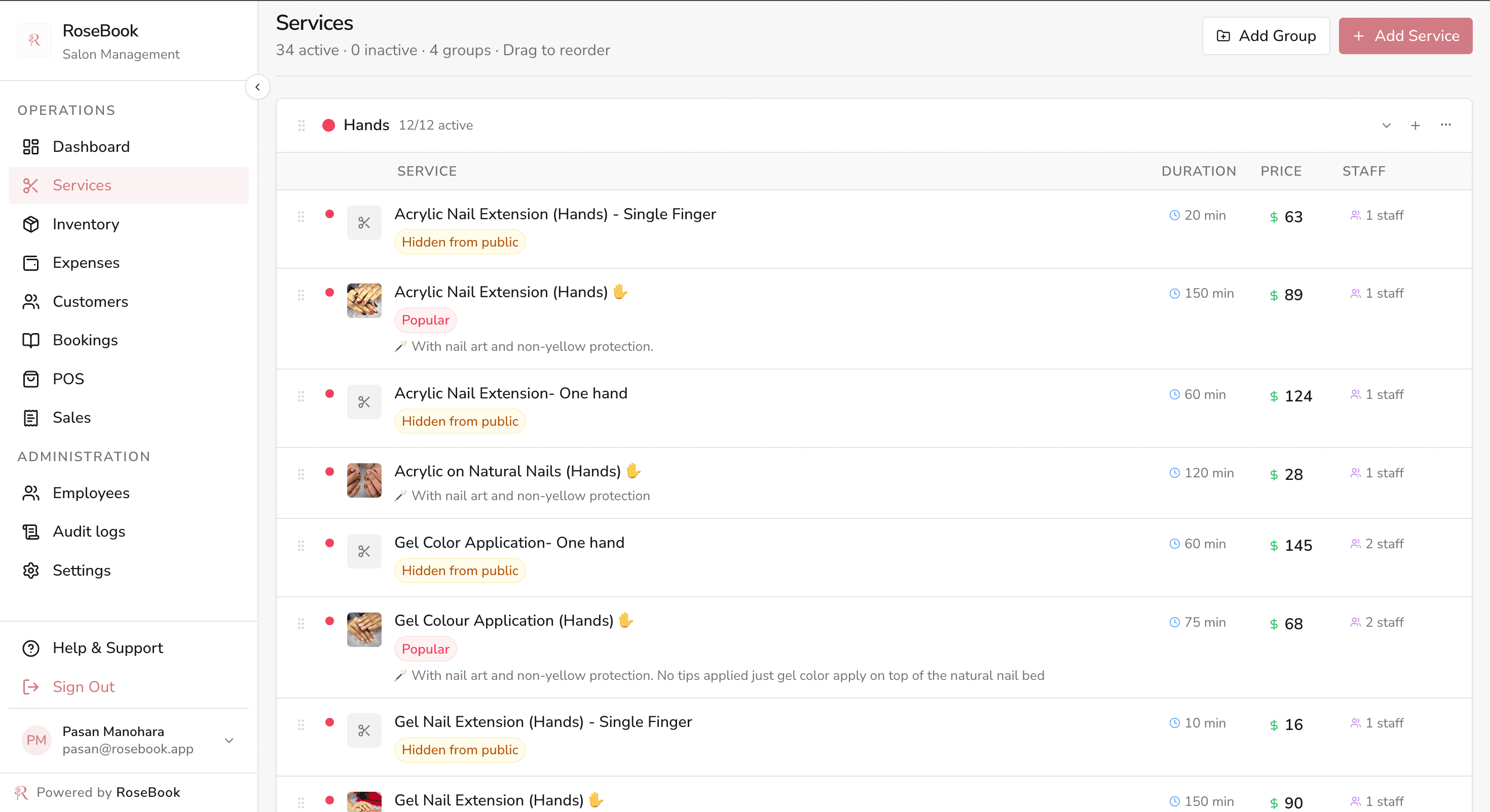 RoseBook services page with grouped treatments, prices, durations and staff assignments